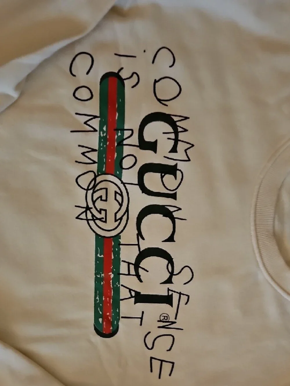 Gucci Cream Crewneck with Green and Red Web Stripe Graphic